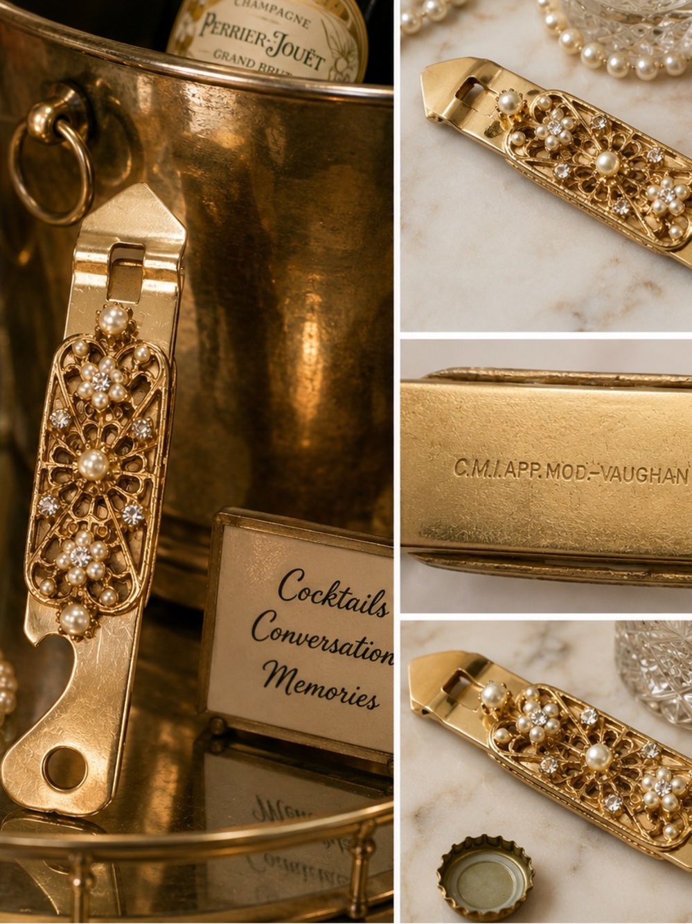 Vintage Vaughan USA Gold Tone Bottle Opener Faux Pearl Rhinestone Bar Tool MCM